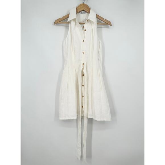 Hevron Domino Mini Dress 100% Linen Sleeveless Cut-Out Belted Shirtdress White - Picture 5 of 11